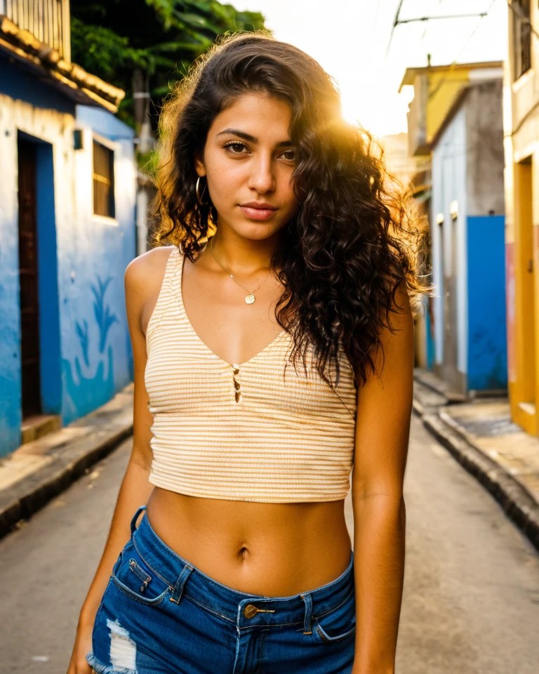 Manu from BRAZIL, rio street favela art golden hour, urban lifestyle editorial