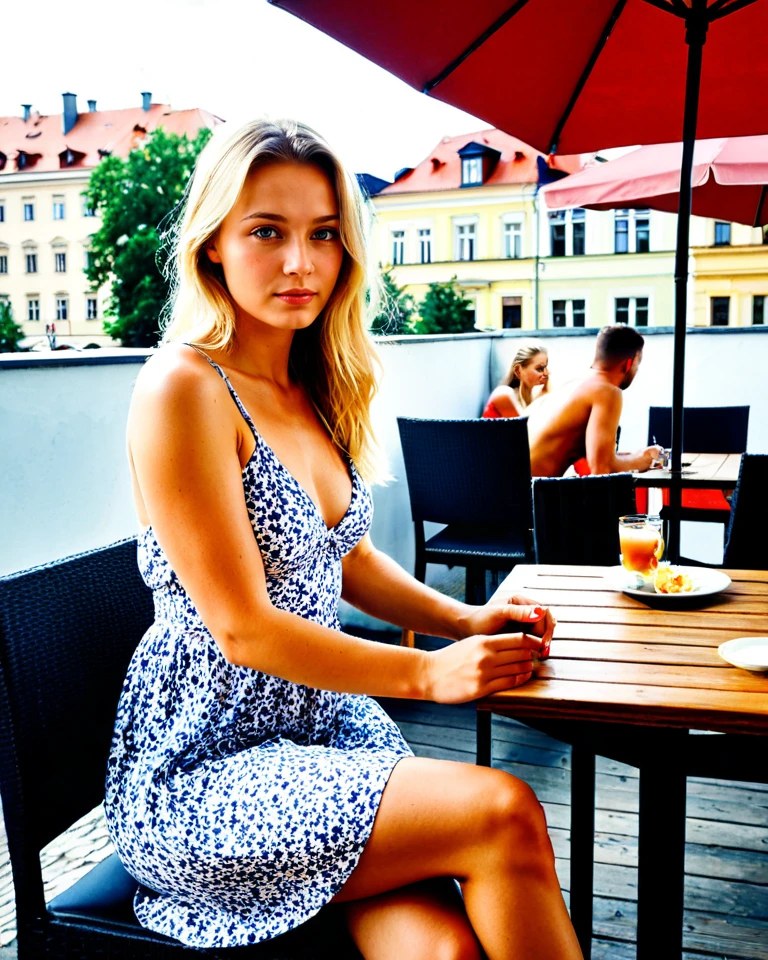 Magda from POLAND, warsaw old town cafe terrace, summer afternoon, lifestyle